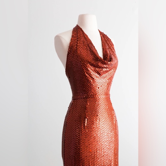 Vintage 1970s HOT LAVA Copper Sequined Halter Gown By Lillie Ruben / Small - Picture 9 of 11